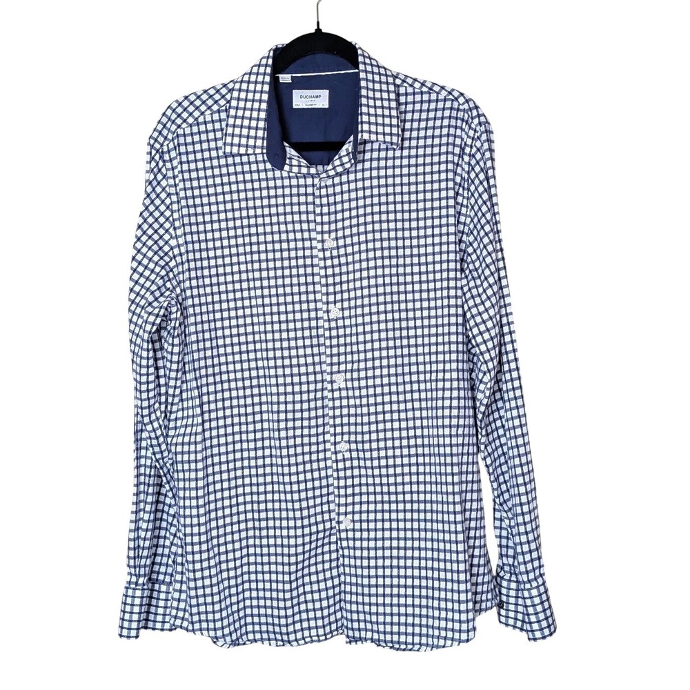 Duchamp London Tailored Fit Check‎ Shirt Men's 16-1/2 L Navy White Office Dress
